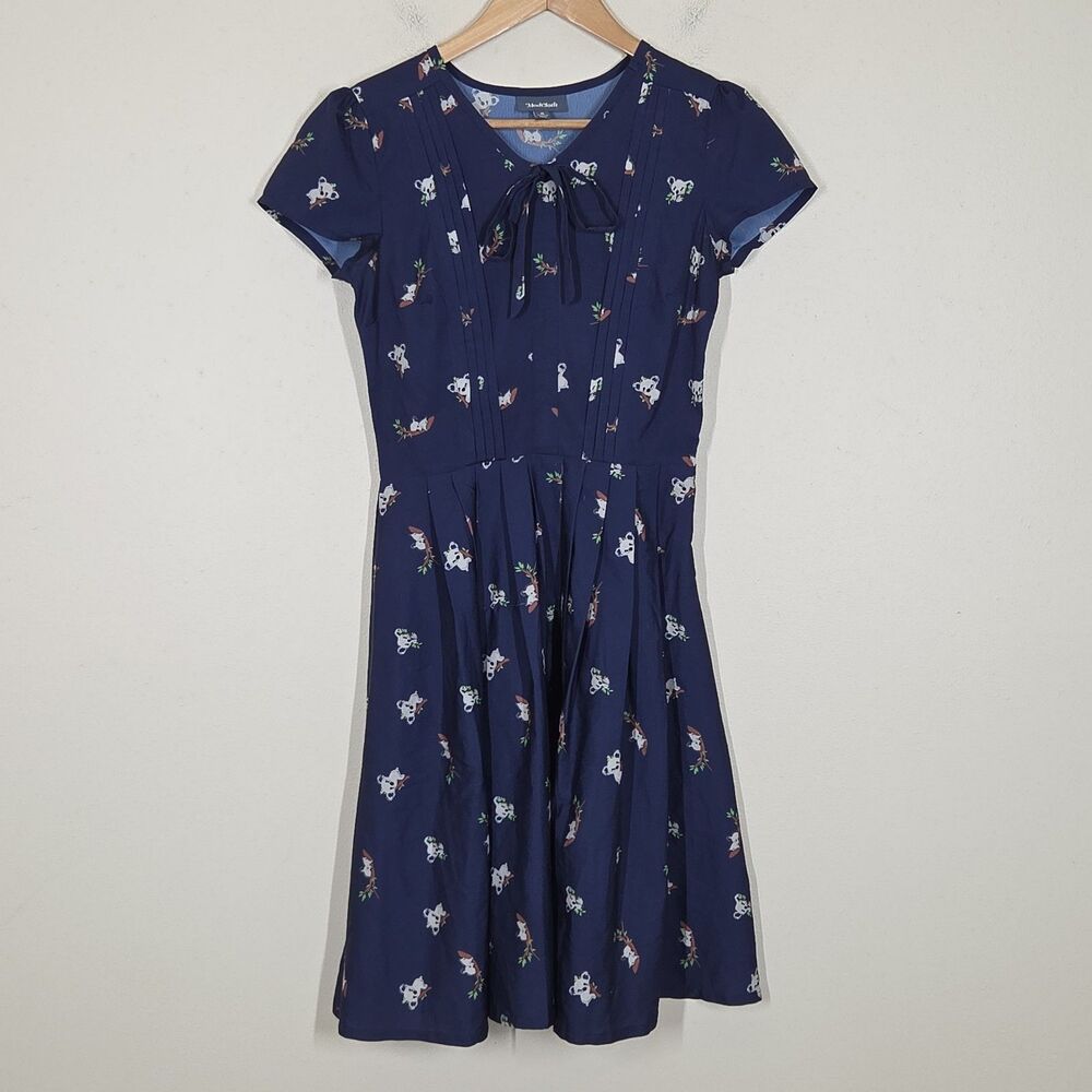 Modcloth Navy Blue Koala Print Mini Dress 0 Novelty A-Line Pleated